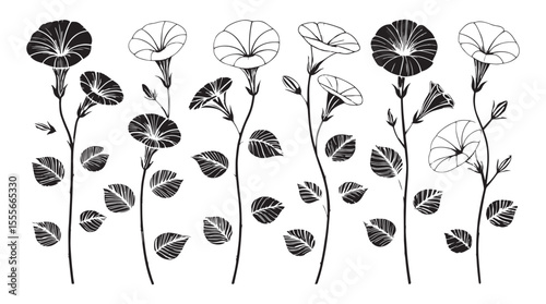 Collection of elegant morning glory flowers and leaves in a stylized black and white silhouette design