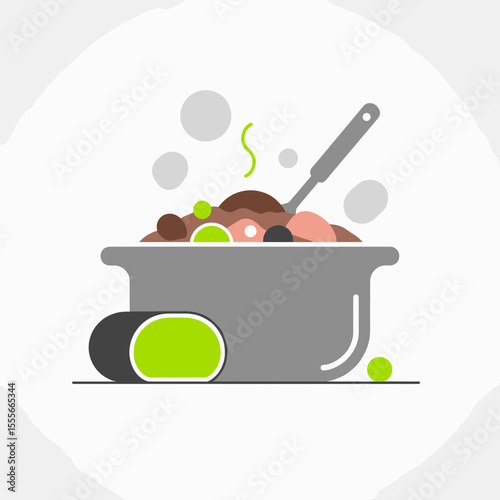 Game meat stew in rustic pot with green vegetables and steam  