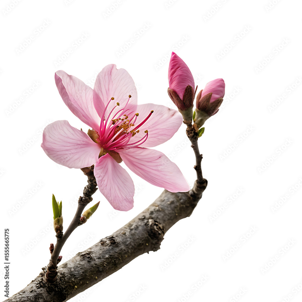 Obraz premium A beautiful pink cherry blossom flower on a woody branch isolated on a transparent background png