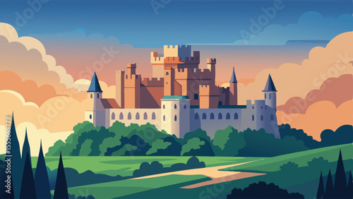 A majestic castle perched atop a hill at sunset with clouds landscape illustration