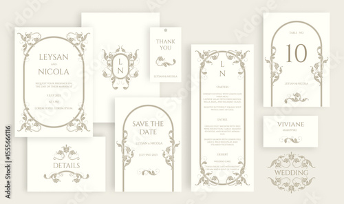 Wedding set. Victorian border and frame pattern. Place cards, wedding invitation, table number, save the date, thank you card, menu, sticker.