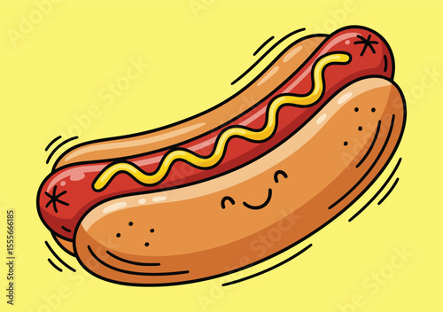 a playful cartoon illustration of a hotdog in a bun, topped with yellow mustard.
