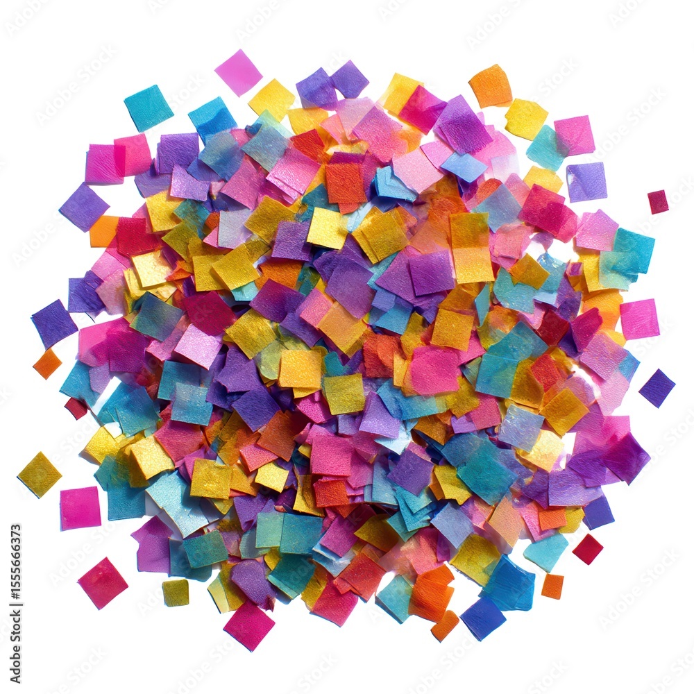 Obraz premium Colorful confetti in an array of vibrant hues including pink, purple, gold, and orange scattered on a white background, creating a festive and celebratory atmosphere.
