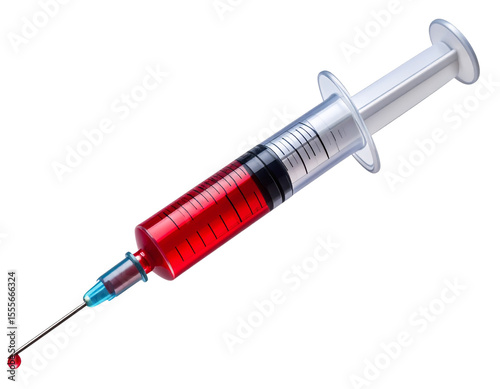 Syringe Filled with Red Liquid and Droplet at Needle Tip, isolated on transparent background