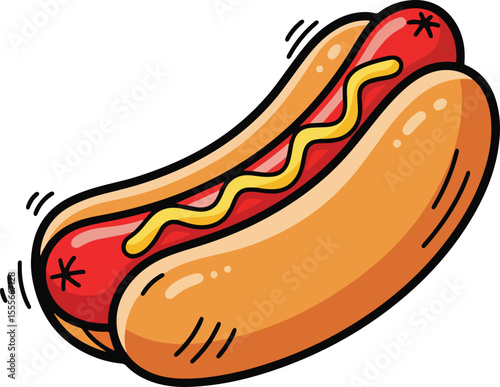 : a cartoon illustration of a hotdog in a bun, topped with yellow mustard. It has small lines on either side, indicating motion or a lively feel.