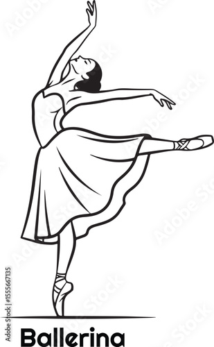  a black and white vector illustration of a ballerina dancing with one leg extended backward and her arms gracefully raised.