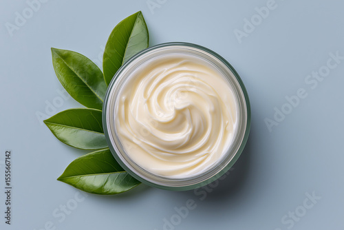 Open jar of body butter with swirl texture and green leaf