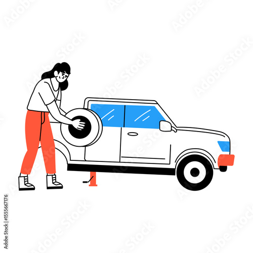 A hand drawn style illustration of changing tyre
