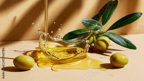 Olive oil pouring with splash and fresh green olive branch on beige surface in warm light
