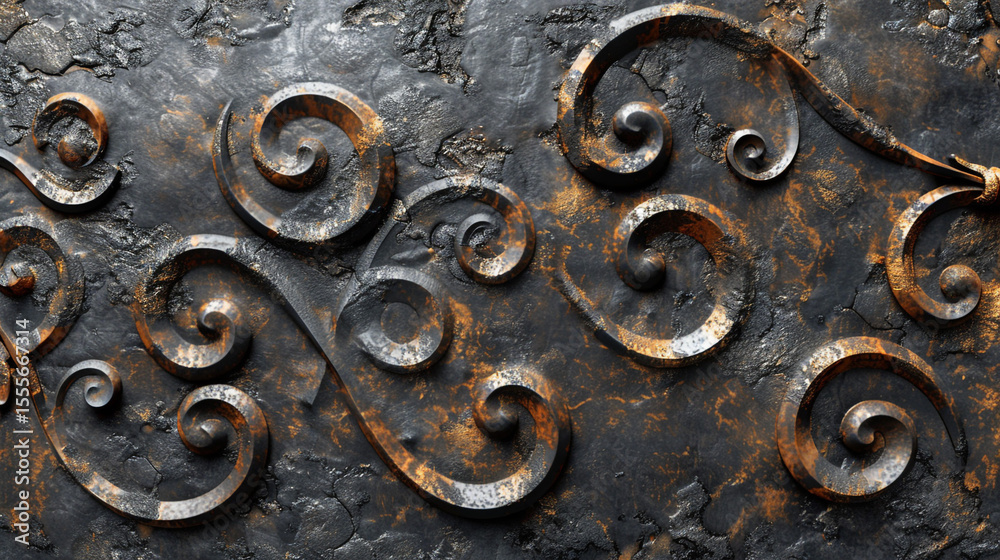 Wrought iron surface with deep black patina and antique swirls. Wrought iron surface with deep black patina and antique swirls.