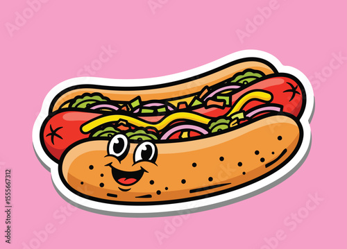 A cheerful, smiling hot dog loaded with colorful toppings, ready for a delicious meal
