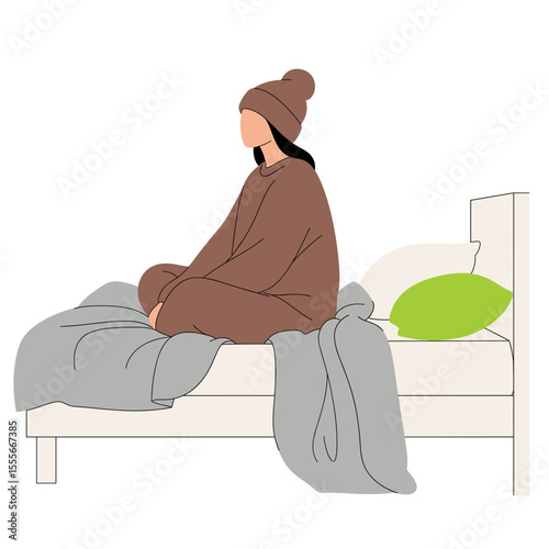 Woman sitting on bed in winter clothes in flat style