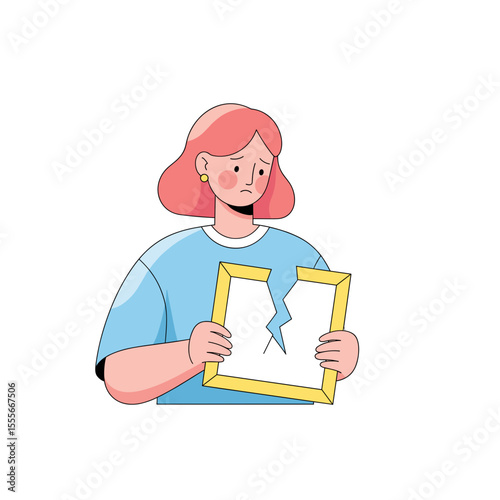 Young woman holding broken picture frame, looking sad and disappointed  