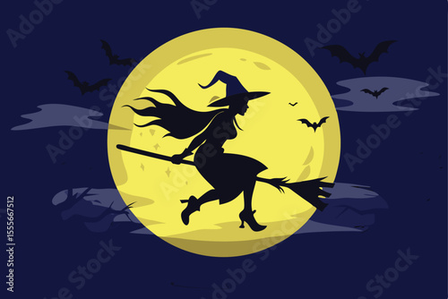 A captivating silhouette of a witch flying on a broom against a backdrop of a full yellow moon and a dark night sky.