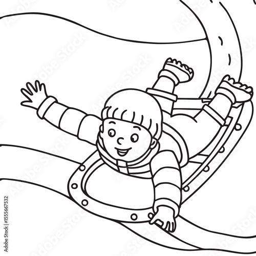 A black and white illustration of a happy child wearing winter clothes, seated on a sled, sliding down a winding tube or slide.