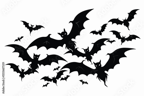 A captivating pattern of black bat silhouettes against a pure white background.