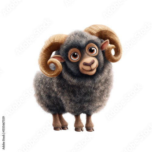 Charming Cartoon Ram Character With Soft Fur and Playful Expression, Featuring Distinctive Curly Horns and Big, Expressive Eyes in a Whimsical Setting