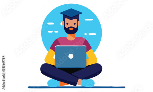 A stylized illustration of a person wearing a graduation cap and sitting cross legged with a laptop symbolizing online learning and education