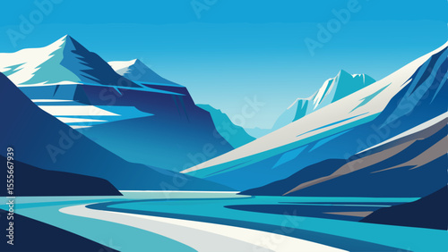 A view of snowy peaks and a winding river in shades of blue landscape illustration