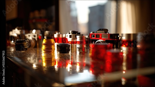 Table surface reflects vintage cameras and stacked lenses under warm, soft light