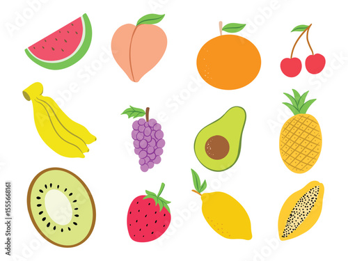 Colorful Hand Drawn Fruit Icon Set Vector