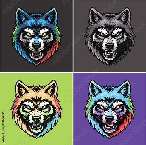 Set of intense wolf head vector illustrations, detailed animal mascot design with color variations for t-shirt print