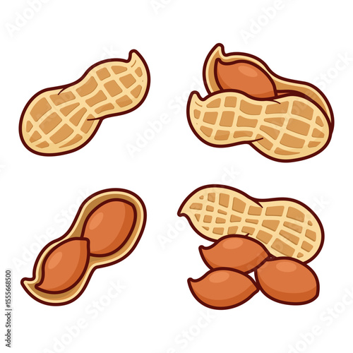 Peanut Icon Set – Healthy Nut Food, Organic Snack, Flat Vector Illustration