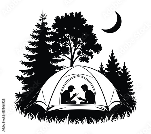 Couple Camping in a Tent at Night, Vector Illustration of Outdoor Adventure On White Background
