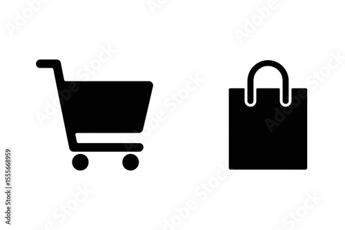 Shopping cart and bag icons in black and white style