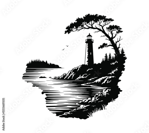 A coastal landscape with a lighthouse and a cozy camping night with friends. Ideal for adventure branding On White background