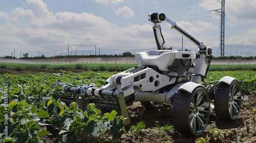 Close-up of a harvesting robot equipped with AI-powered sensors and mechanical arms, autonomously collecting crops like wheat and corn in a sunlit agricultural field, demonstrating efficient automated