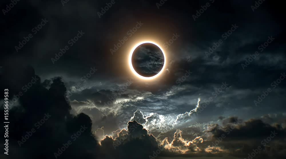 Dramatic view of a total solar eclipse with the moon completely covering the sun while a glowing sunburst appears at the edge surrounded by dark clouds and glowing sky