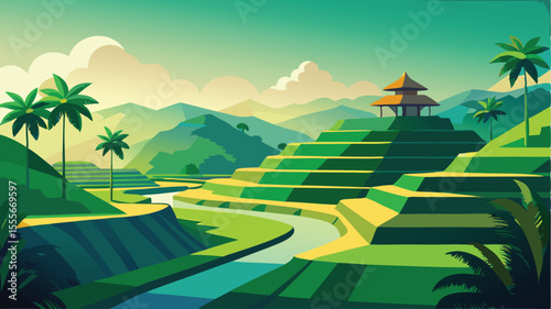 A scenic view of rice terraces with a building on the top hill landscape illustration