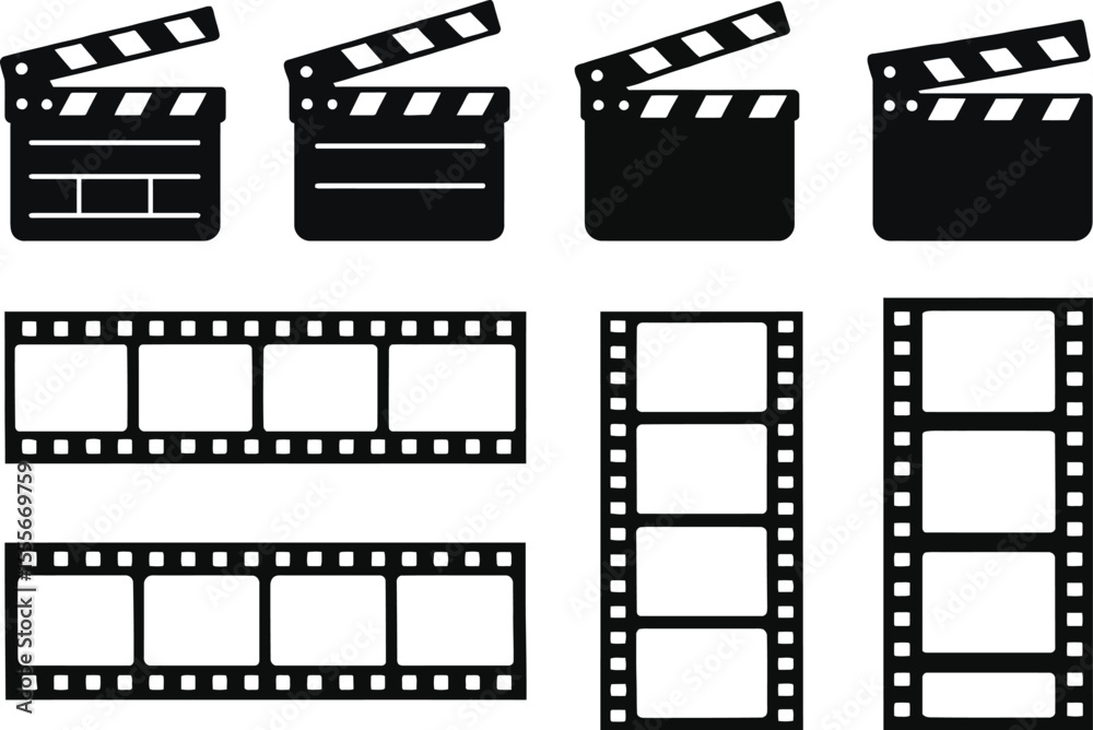 Fototapeta premium Vector film strip icon illustration showing blank photo frames and movie reel design elements in 35mm style