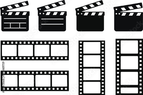 Vector film strip icon illustration showing blank photo frames and movie reel design elements in 35mm style