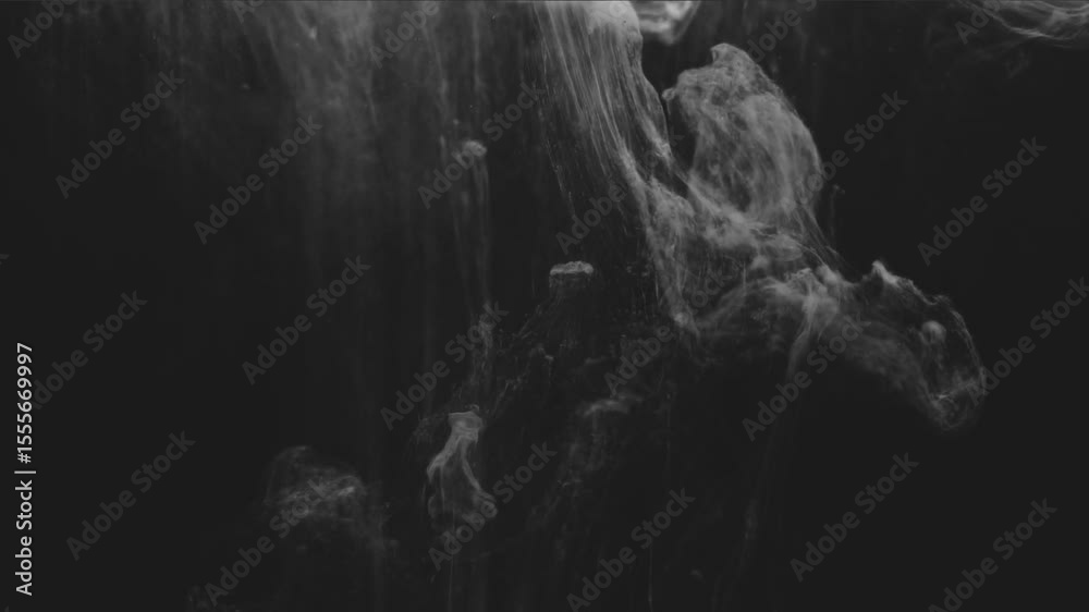 Abstract grayscale ink swirling underwater dark background fluid motion diffusion patterns texture art design