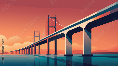 A suspension bridge over water against a colorful sky view landscape illustration