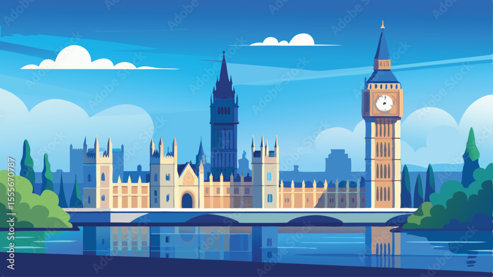 Fototapeta premium A view of parliament and big ben over the river thames art landscape illustration