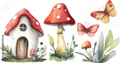 Vector cartoon house with red fly agaric toadstools and birds in an autumn forest