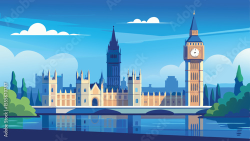 A view of parliament and big ben over the river thames art landscape illustration