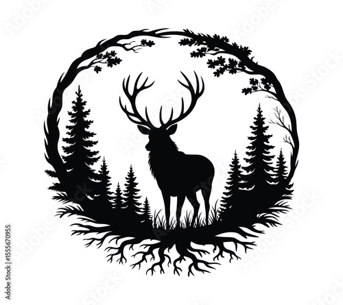 Wilderness and Nature Emblem with Deer Silhouette, Black and White Forest Scene On White Background
