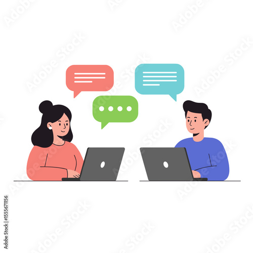 Man and woman chatting on laptops with speech bubbles