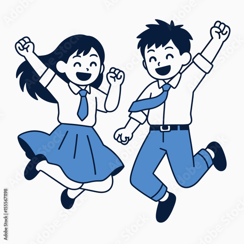 Happy school children jumping joyfully in uniform