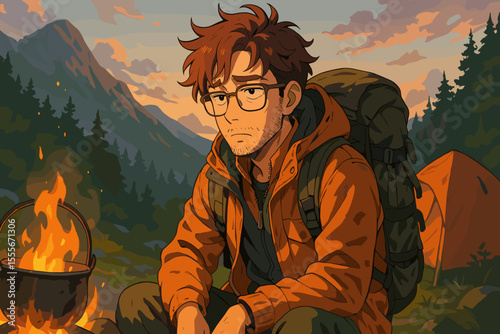 Young man sitting by campfire in mountains during sunset  