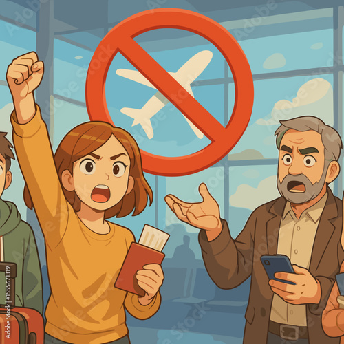 Young woman protesting against flight cancellation at airport terminal  
