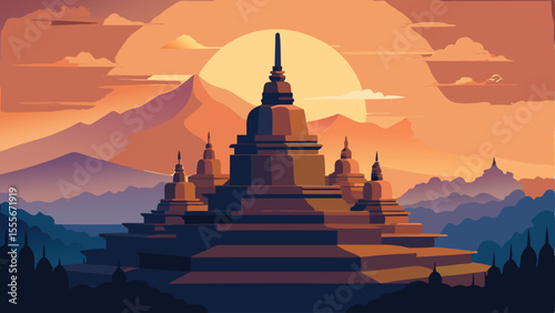 Temple complex at sunset with mountains and clouds in the sky landscape illustration