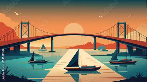Bridge over water with sailboats at sunset in a calm harbor landscape illustration