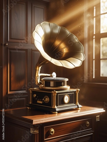 Vintage Gramophone with Golden Horn Illuminated by Sunbeams Classic Sound