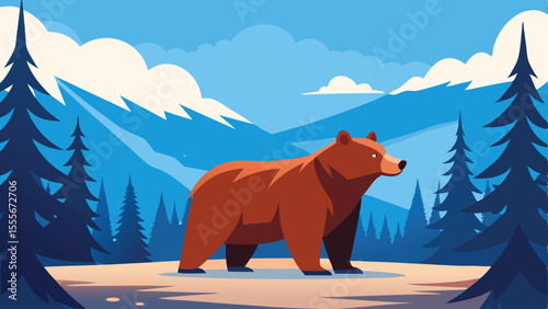 Brown bear walking in a forest with mountains in background landscape illustration