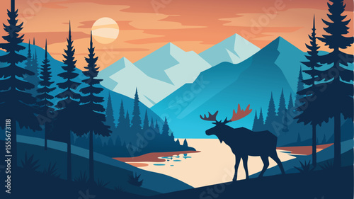 A moose near a lake with mountains and trees in the distance landscape illustration